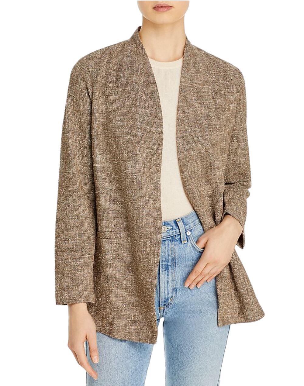 Eileen Fisher Driftwood Cotton Slub Tweed Open Front Blazer Jacket